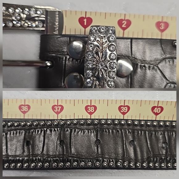 Western Rhinestone Belt Dark Brown Croc Leather Silver Floral Buckle Bling 38\